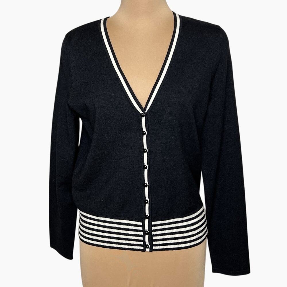 Judith Hart Petites Cardigan Sweater Large Nautical Black White Stripe Button Up